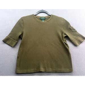 Lauren Ralph Lauren Shirt Womens M Ribbed Knit Olive Green Elbow Sleeve Tee